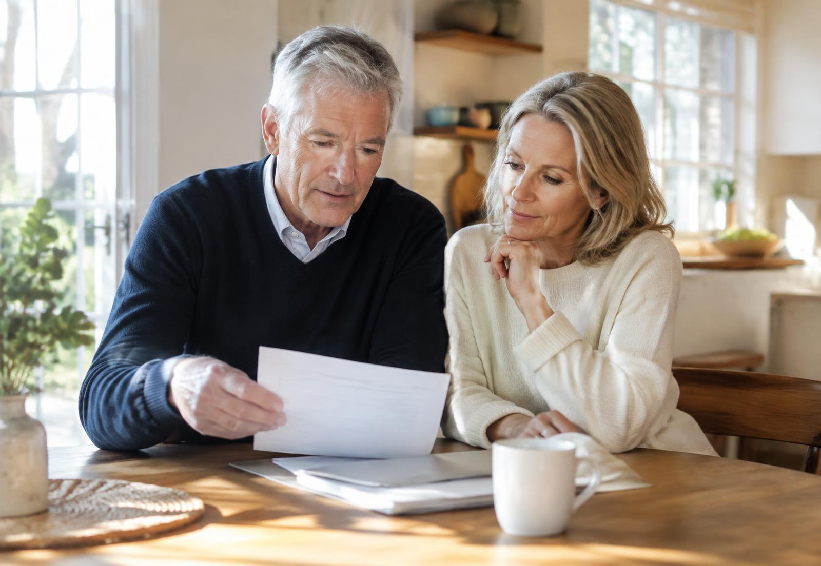 Couple reviewing retirement paperwork at home